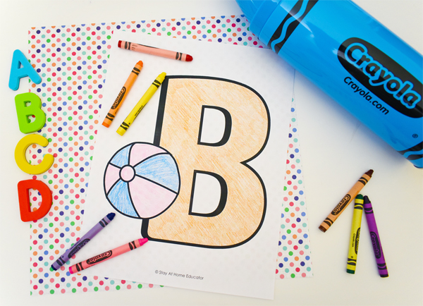 letter b alphabet coloring page with a picture of a beach ball on it