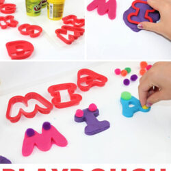 alphabet cookie cutters in play dough stamping the name Mia | playdough name recognition activity for preschool |