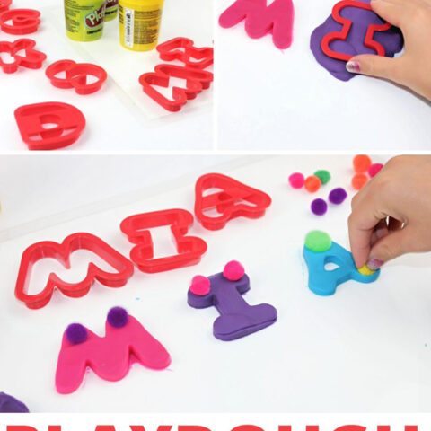 alphabet cookie cutters in play dough stamping the name Mia | playdough name recognition activity for preschool |