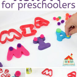 alphabet cookie cutters with playdough and spelled name Mia with text - name spelling activity for preschoolers | preschool name recognition | fine motor activities |