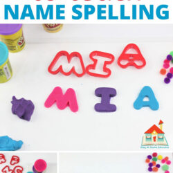 playdough alphabet cookie cutters with the name Mia text says - the easy way to teach name spelling | Playdough Name Activities for Preschoolers | fine motor playdough |