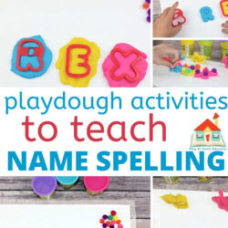 playdough cutters and name samples text says -playdough activities to teach name spelling Playdough Name Activities for Preschoolers | playdough fine motor activities |