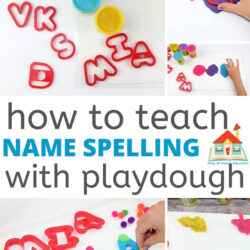 Playdough Name Activities for Preschoolers| collage with title "How to Teach Name Spelling with Playdough| collage shows various letter cookie cutters, flattened playdough, playdough letters, and small manipulatives to add to the letters| fine motor name practice