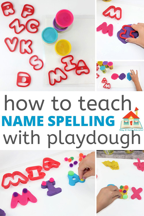 how to teach name spelling with playdough | playdough names | writing name practice | name recognition activity for preschoolers using playdough | collage of different ways to spell names with cookie cutters and playdough