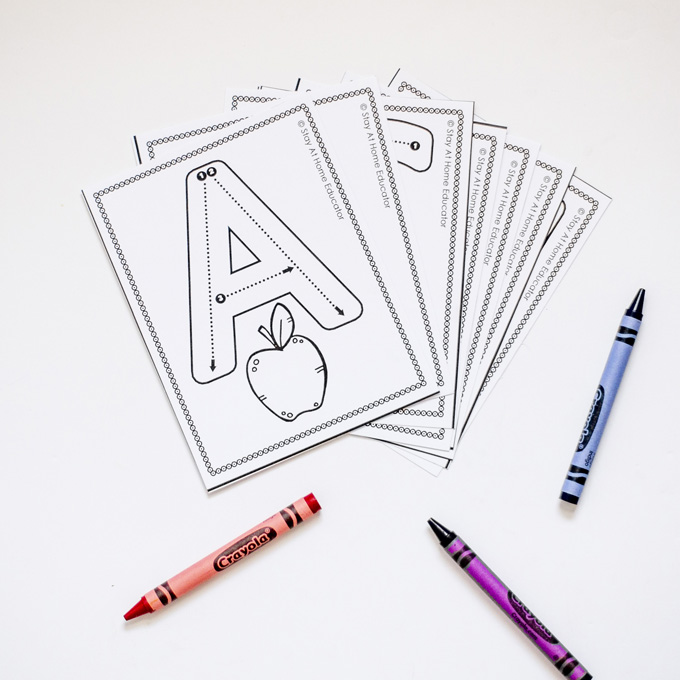 letter formation tracing cards with beginning sound pictures, black and white cards with three crayons