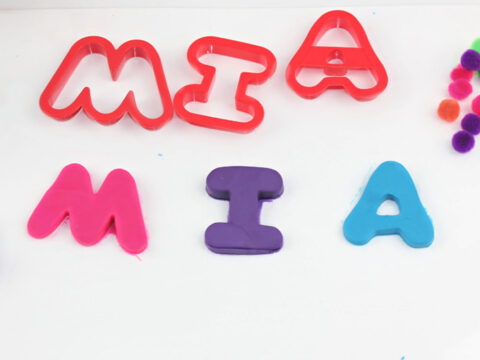 the name Mia spelled with playdough for preschool name recognition activity | Playdough Name Activities for Preschoolers | fine motor alphabet activities |