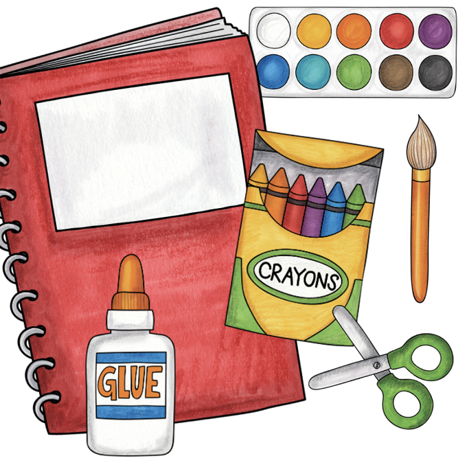 playful drawing of a notebook, glue, crayons, scissors, and paint