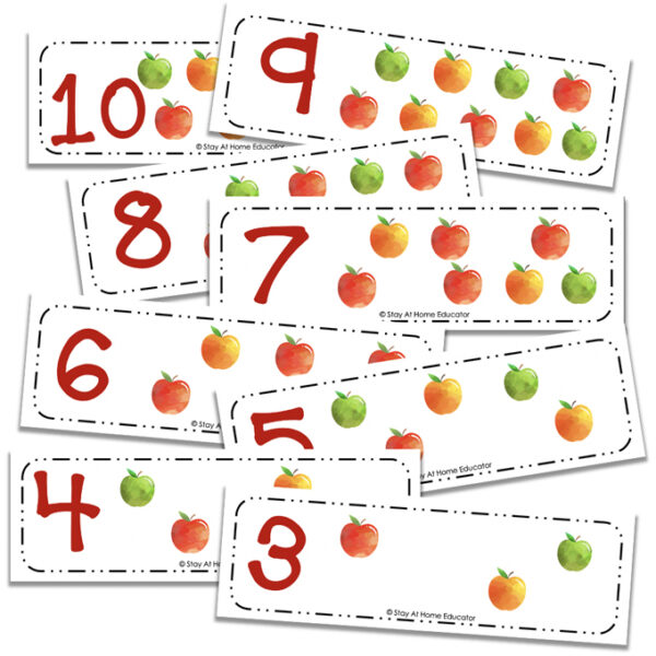 set of free apple counting cards for use with preschool addition and subtraction activities