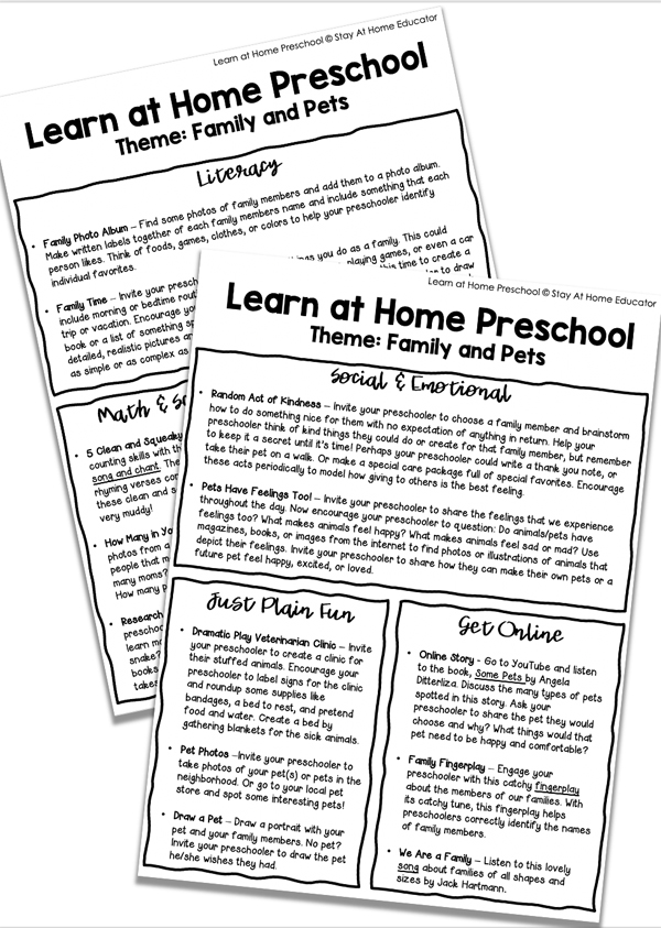 Free Family & Pets Preschool Lesson Plans - Stay At Home Educator