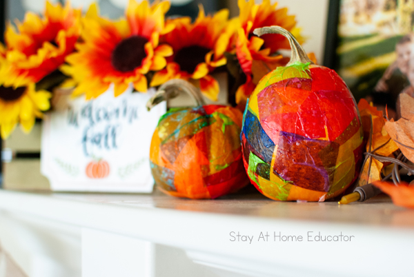 tissue painted fall pumpkin on display | pumpkin process art | pumpkin activity for preschoolers |