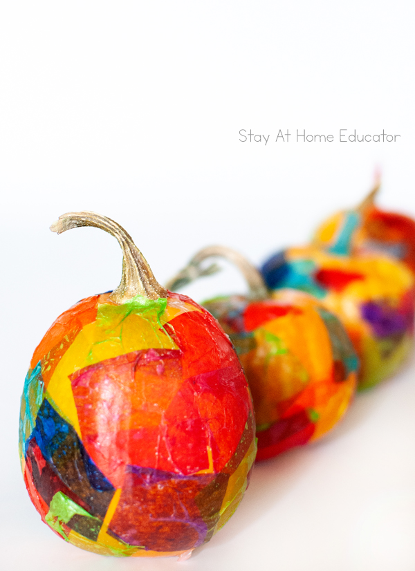 four tissue painted fall pumpkins | pumpkin  process art | fall activity for preschoolers |