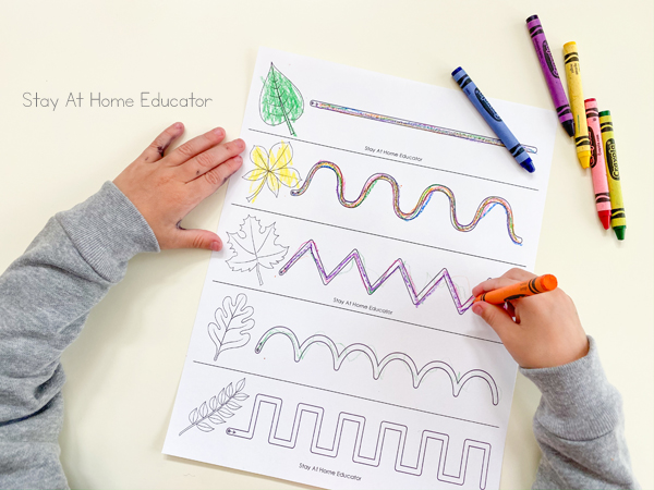 pre writing activities | prewriting worksheets | prewriting strokes | activities to teach preschool writing | preschool fall theme | fall leaves preschool activities | toddler writing using rainbow writing and tracing lines on prewriting cards
