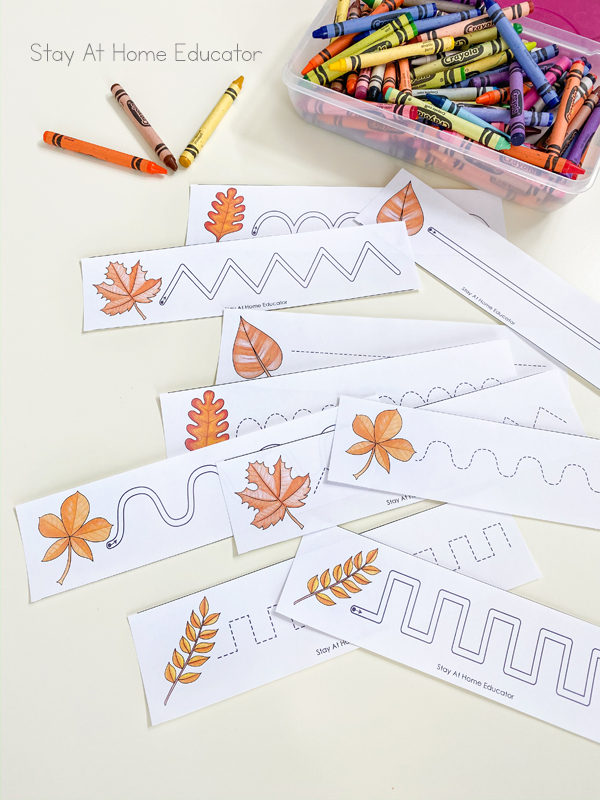 pre writing activities | prewriting worksheets | prewriting strokes | activities to teach preschool writing | preschool fall theme | fall leaves preschool activities | different tracing lines to practice basic writing strokes
