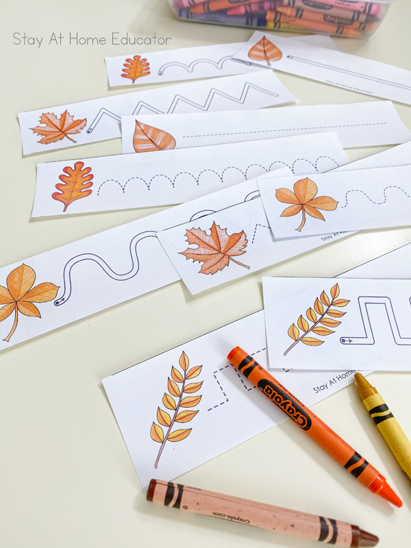 pre writing activities | prewriting worksheets | prewriting strokes | activities to teach preschool writing | preschool fall theme | fall leaves preschool activities | example of prewriting cards and tracing lines with crayons