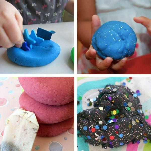 Four types of playdough - glitter playdough, scented playdough, celebration playdough, and ways to play with playdough