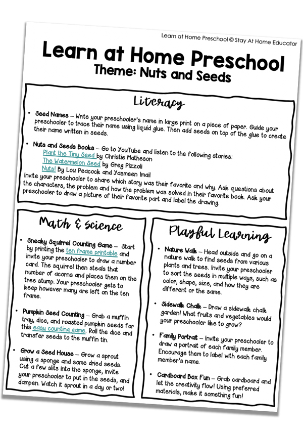 free preschool lesson plans: nuts and seeds theme