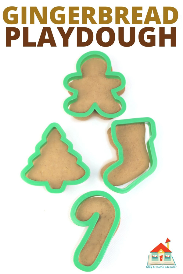 edible gingerbread playdough recipe |  gingerbread scented playdough cut out with cookie cutters, a gingerbread man, Christmas tree, stocking and candy cane
