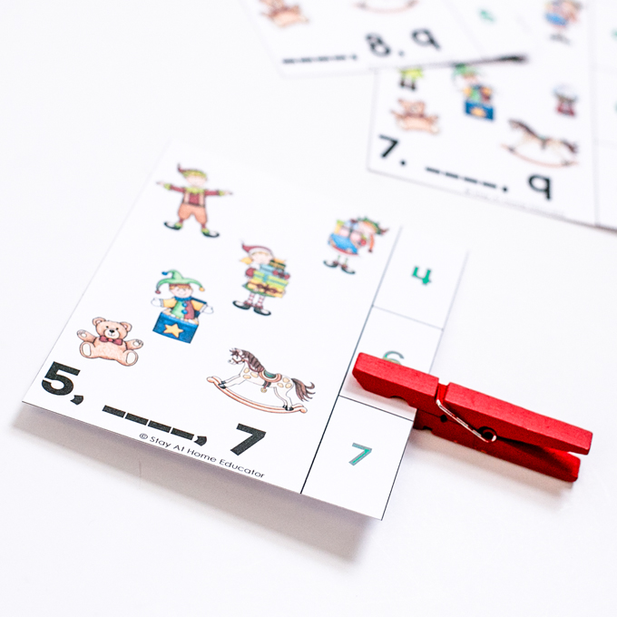 christmas number and counting activities | christmas number activities, games, printables, printable activities for teaching preschool math for Christmas theme | Christmas number activities for the early years | number order clip cards for christmas preschool theme