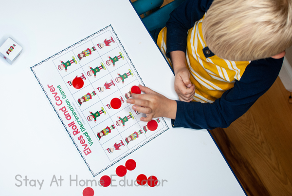 Elf roll and cover game for matching and memory with printable dice | Christmas visual discrimination mats | visual discrimination games for preschoolers |