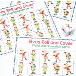 Elves roll and cover Christmas visual discrimination mat | preschool visual discrimination game |