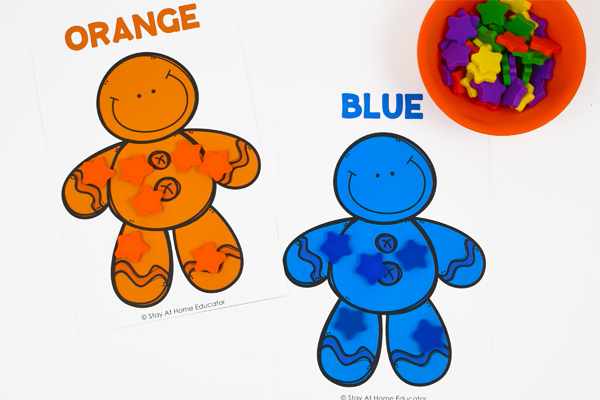 toddler colors| orange and blue color sorting mats | gingerbread color sorting mats |