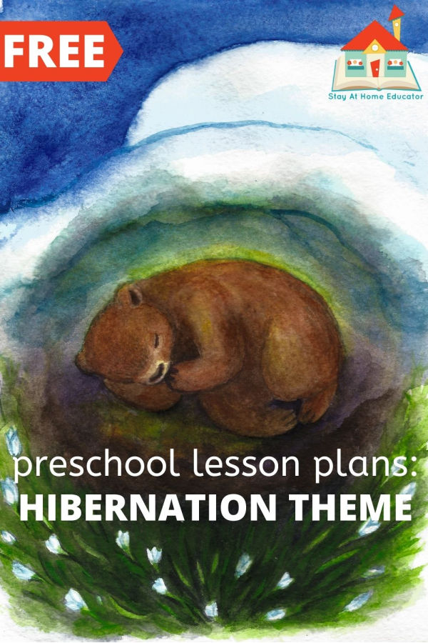 bear snuggled in cave with text free preschool lesson plans for a hibernation theme | hibernation preschool activities | winter preschool themes |