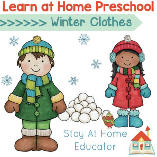 two children dressed in winter clothes with text learn at home preschool winter clothes theme | winter clothes theme | winter preschool activities |