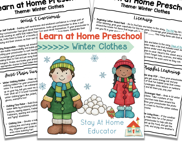 two samples of winter clothing lesson plans text says learn at home preschool lesson plans for a winter clothes theme | toddler winter activities | preschool winter theme |