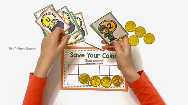 save your coins printable card game with gold coins and printed scorecard | printable St. Patrick's day activities |