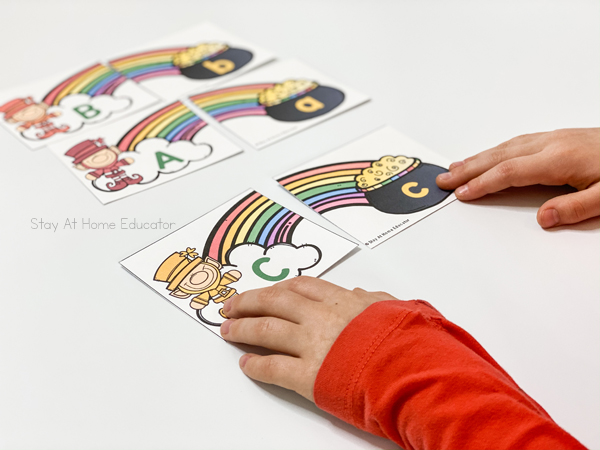 alphabet matching with rainbow puzzle cards, pictured capital letter C and lowercase letter c | printable St. Patrick's day activities