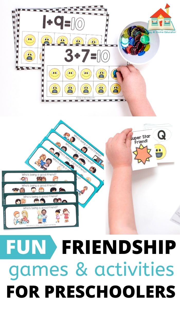 visual discrimination friend cards, addition happy face cards, and super star alphabet game images with text - Fun Friendship games & activities for preschoolers | fun friendship activities for preschoolers |