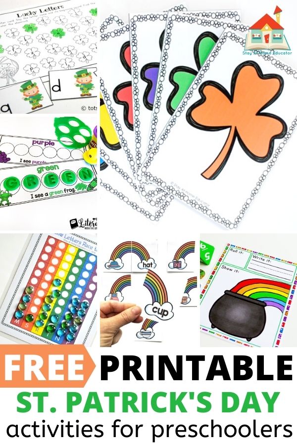 collage with title, free printable St. Patrick's Day activities for preschoolers| collage with rainbows, colorful shamrocks, various St. Patrick's Day themed literacy and math games and activities|
