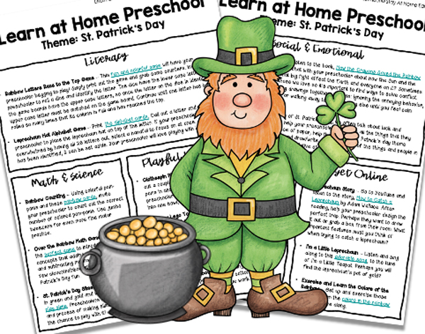 free learn at home preschool for a st. patrick's day theme, free St. Patrick's Day lesson plans for preschoolers and free St. Patrick's Day activities for preschoolers