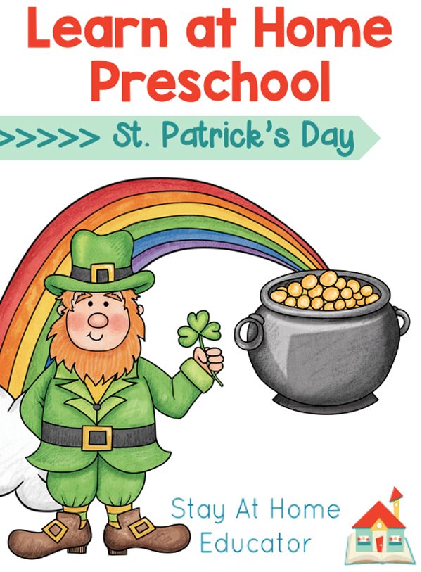 leprechaun standing in front of a rainbow with a pot of gold and a clover | free learn at home preschool for a St. Patrick's day theme 