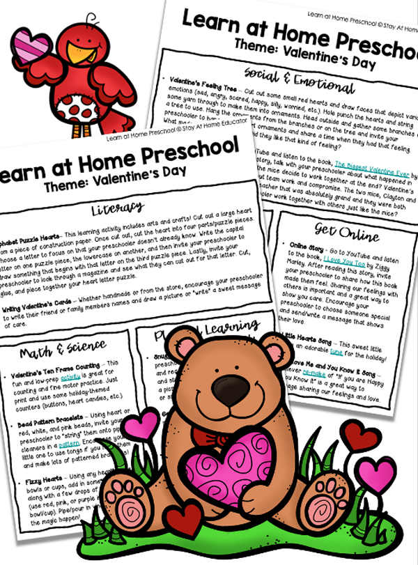free learn at home preschool for a valentine's day theme | preschool Valentine's day activities |