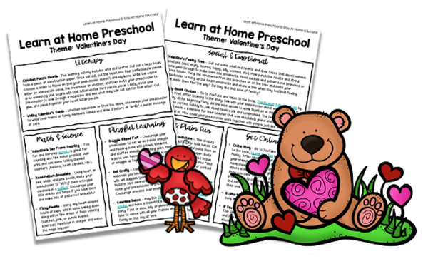 free learn at home preschool for a valentine's day theme