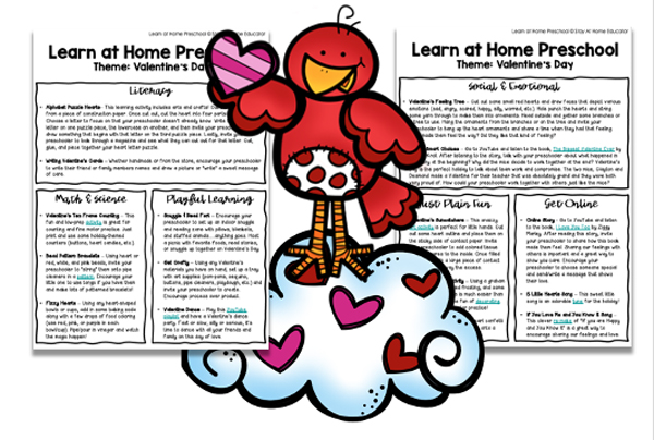 free learn at home preschool for a valentine's day theme | preschool valentine's day activities |