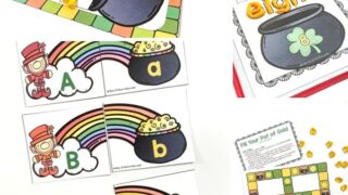 free St. Patrick's Day printables for preschoolers| alphabet puzzle rainbow matching cards and playdough shamrock/pot of gold counting mats|