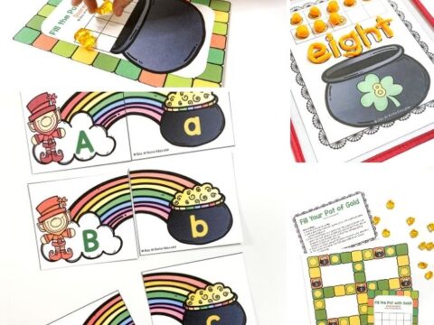 free St. Patrick's Day printables for preschoolers| alphabet puzzle rainbow matching cards and playdough shamrock/pot of gold counting mats|