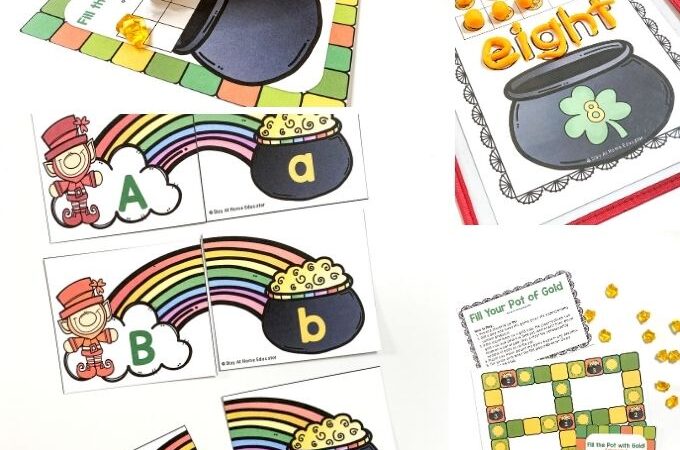 free St. Patrick's Day printables for preschoolers| alphabet puzzle rainbow matching cards and playdough shamrock/pot of gold counting mats|