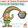 free learn at home preschool for a st. patrick's day theme | image of a leprechaun with a rainbow and a pot of gold | St. Patrick's day preschool activities |
