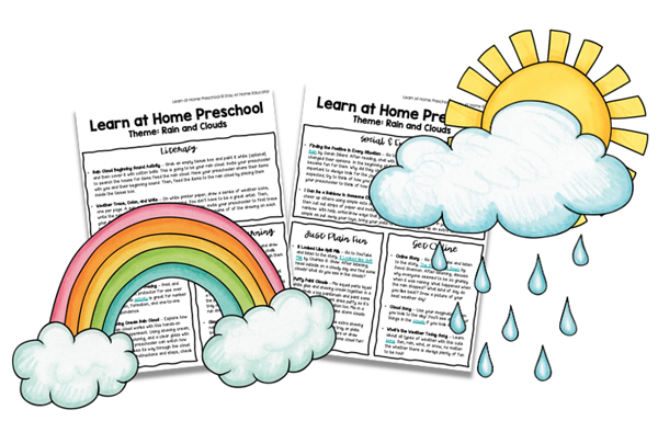a rainbow, raincloud, and sunshine with text - Learn at home spring preschool lesson plans | preschool weather theme | weather activities for kindergarten |