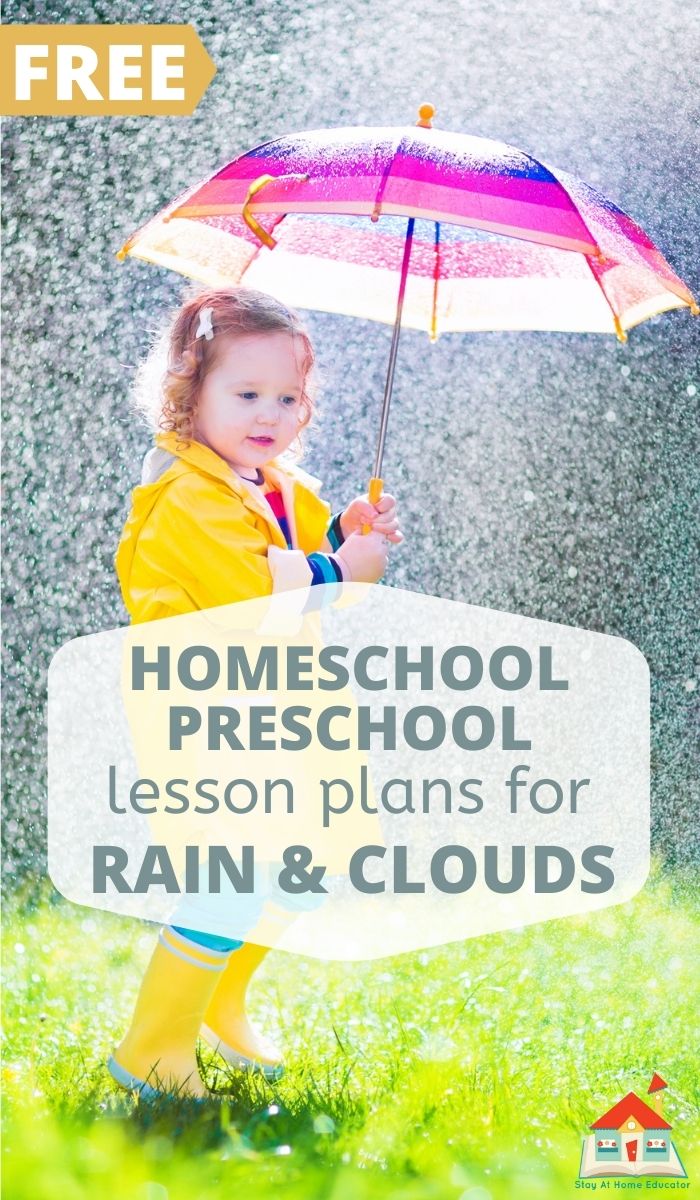 girl holding a yellow umbrella on a rainy day with text - homeschool preschool lesson plans for rain & clouds | weather activities for preschoolers |