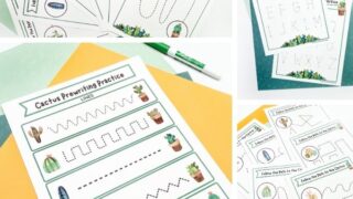 Free Prewriting Worksheets for Preschoolers | Cactus Line Tracing Worksheets for Preschoolers | Preschool Line Tracing Worksheets | Enhance fine motor skills, hand-eye coordination, and letter and number recognition | A collage image with cactus and succulent pre-writing worksheets, alphabet tracing worksheets, and various line tracing worksheets, including straight lines, curved lines, and zigzag lines.