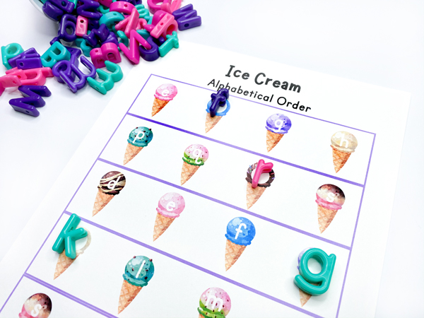I is for ice cream! Ice cream theme alphabet mats that teach letter sequencing and letter recognition through missing letters activities. Ice cream letters used in missing alphabet letters activities for preschoolers.