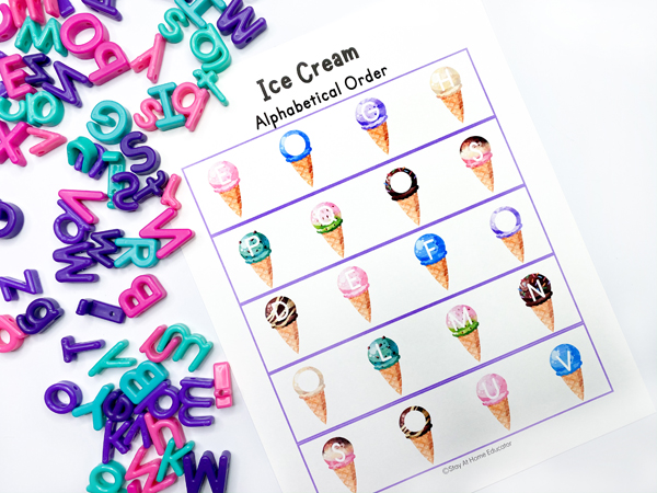 I is for ice cream! Ice cream theme alphabet mats that teach letter sequencing and letter recognition through missing letters activities. Missing alphabet letters activity mat for preschoolers to practice putting letters in alphabetical order.