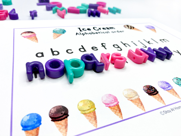 I is for ice cream! Ice cream theme alphabet mats that teach letter sequencing and letter recognition through missing letters activities. Letter matching on ice cream alphabet mat.