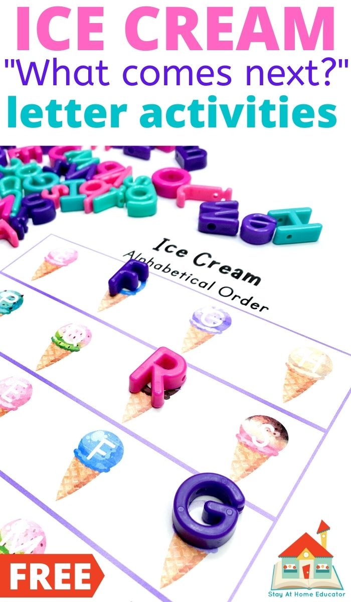 I is for ice cream! Ice cream theme alphabet mats that teach letter sequencing and letter recognition through missing letters activities. Letters F, R, and G. Get this ice cream letters activity for preschoolers.