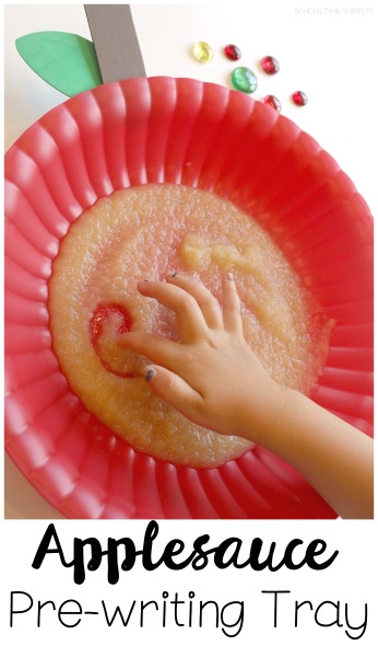 teaching preschool writing activity with an applesauce pre-writing tray 