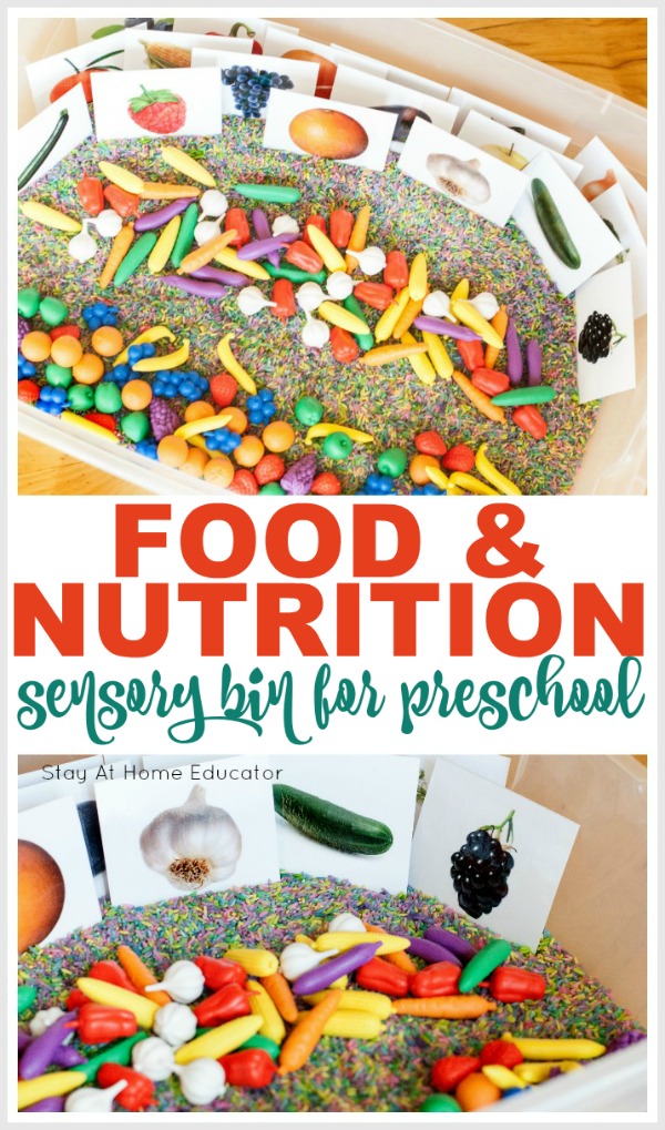 Fruit and veggies sensory bin for preschoolers| Collage with title "Food & Nutrition Sensory Bin for Preschool"| Two images that show the sensory bin and includes: colored rice, fruit and veggie manipulatives and fruit and veggie cards from free printable|